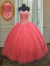 Beautiful Watermelon Red Sleeveless Beading Floor Length 15th Birthday Dress
