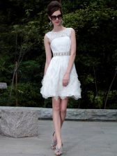 Elegant White Empire Organza Scoop Sleeveless Beading and Belt Mini Length Zipper 