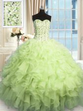  Yellow Green Ball Gowns Organza Sweetheart Sleeveless Beading and Ruffles and Sequins Floor Length Lace Up 15th Birthday Dress