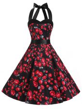  Red And Black A-line Chiffon Halter Top Sleeveless Sashes ribbons and Pattern Knee Length Zipper Prom Evening Gown