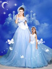 Ideal Off The Shoulder Sleeveless Court Train Zipper Vestidos de Quinceanera Light Blue Tulle