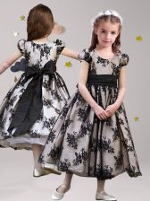  Scoop Short Sleeves Lace Tea Length Zipper Flower Girl Dresses for Less Black for Party and Quinceanera and Wedding Party with Sashes ribbons