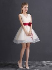 Elegant Sleeveless Mini Length Hand Made Flower Lace Up Quinceanera Court of Honor Dress with Champagne