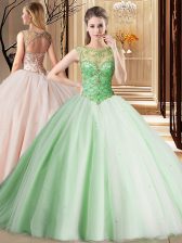  Apple Green Quince Ball Gowns Military Ball and Sweet 16 and Quinceanera with Beading Scoop Sleeveless Brush Train Lace Up
