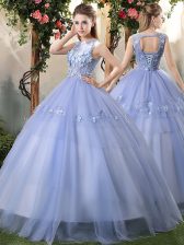 Eye-catching Lavender Sleeveless Floor Length Appliques Lace Up Sweet 16 Quinceanera Dress