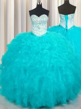  Aqua Blue 15 Quinceanera Dress Military Ball and Sweet 16 and Quinceanera with Beading and Ruffles Sweetheart Sleeveless Lace Up