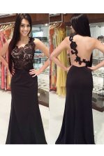  Scoop Lace Black Backless Evening Dress Appliques Sleeveless With Brush Train