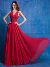 Hot Sale Red Sleeveless Floor Length Appliques Backless Prom Gown