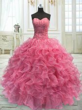 Free and Easy Floor Length Ball Gowns Sleeveless Rose Pink 15 Quinceanera Dress Lace Up
