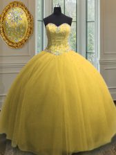  Gold Lace Up Sweetheart Beading and Sequins Vestidos de Quinceanera Tulle Sleeveless