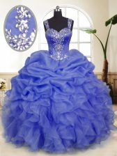  Lavender Quince Ball Gowns Military Ball and Sweet 16 and Quinceanera with Beading and Ruffles and Pick Ups Straps Sleeveless Zipper