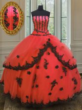 Great Red Lace Up Strapless Appliques Sweet 16 Dresses Tulle Sleeveless