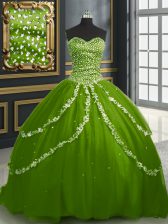 Ideal Olive Green Lace Up Ball Gown Prom Dress Beading and Appliques Sleeveless With Brush Train