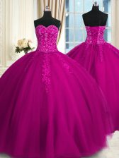  Sweetheart Sleeveless Lace Up Quinceanera Gowns Fuchsia Tulle