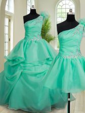 Most Popular Three Piece One Shoulder Sleeveless Quinceanera Gown Floor Length Beading and Hand Made Flower Turquoise Organza