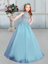  Blue Ball Gowns Organza Bateau Sleeveless Beading Floor Length Lace Up Little Girl Pageant Gowns