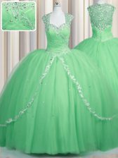 Wonderful Apple Green Ball Gowns Sweetheart Cap Sleeves Tulle Brush Train Zipper Beading and Appliques 15th Birthday Dress