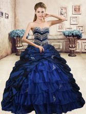  Pick Ups Ruffled Floor Length Navy Blue Ball Gown Prom Dress Sweetheart Sleeveless Lace Up