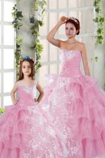  Floor Length Rose Pink Ball Gown Prom Dress Organza Sleeveless Beading and Ruffled Layers and Ruching