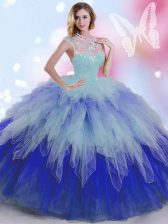 Cheap Multi-color Ball Gowns Tulle High-neck Sleeveless Beading and Ruffles Floor Length Zipper 15th Birthday Dress