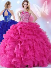 Free and Easy Halter Top Floor Length Ball Gowns Sleeveless Hot Pink Quinceanera Gowns Lace Up