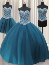 Luxury Three Piece Teal Ball Gowns Sweetheart Sleeveless Tulle Floor Length Lace Up Beading and Ruffles 15 Quinceanera Dress