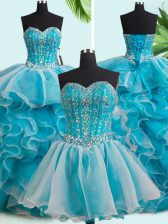 Suitable Three Piece White Sweetheart Neckline Beading and Ruffles Quince Ball Gowns Sleeveless Lace Up