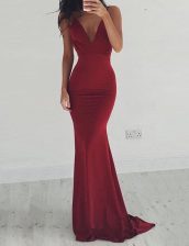 Fantastic Mermaid Burgundy V-neck Neckline Ruching Homecoming Dress Sleeveless Backless