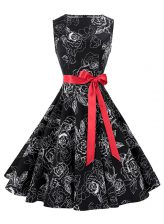  Scoop Knee Length Zipper Prom Evening Gown Black for Prom and Party with Sashes ribbons and Pattern