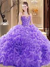  Lavender Fabric With Rolling Flowers Lace Up Sweet 16 Dresses Sleeveless Court Train Embroidery and Ruffles and Pick Ups