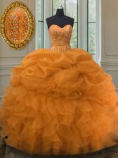  Orange Sweetheart Neckline Beading and Ruffles and Pick Ups Sweet 16 Dresses Sleeveless Lace Up