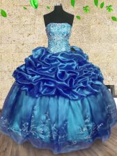 Pretty Floor Length Teal Sweet 16 Quinceanera Dress Organza Sleeveless Beading and Embroidery and Ruffles
