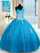 Beauteous Baby Blue Sweet 16 Dresses Military Ball and Sweet 16 and Quinceanera with Appliques One Shoulder Sleeveless Lace Up