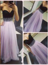 Exquisite Lavender Tulle Zipper Prom Gown Sleeveless Floor Length Beading