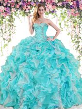 Dynamic Sleeveless Floor Length Beading and Ruffles Lace Up 15th Birthday Dress with Blue And White
