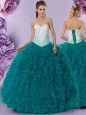 High Class Teal Sleeveless Tulle Lace Up Quinceanera Gown for Military Ball and Sweet 16 and Quinceanera
