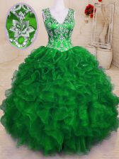  Green Sleeveless Beading and Embroidery and Ruffles Floor Length 15th Birthday Dress