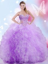 Lavender Lace Up Sweetheart Beading and Ruffles Quince Ball Gowns Tulle Sleeveless