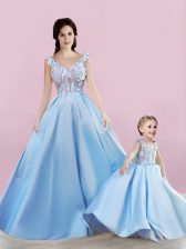 Cute Baby Blue Lace Up Appliques Evening Dress Satin Sleeveless