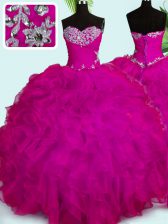  Fuchsia Organza Lace Up Vestidos de Quinceanera Sleeveless Floor Length Beading and Ruffles