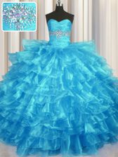  Ruffled Layers Baby Blue Sleeveless Organza Lace Up Quinceanera Gowns for Military Ball and Sweet 16 and Quinceanera
