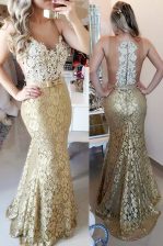  Mermaid Gold Zipper Spaghetti Straps Lace and Belt Prom Dress Lace Sleeveless Brush Train