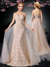  Peach Strapless Neckline Lace and Belt Prom Party Dress Sleeveless Lace Up