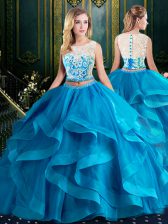 Pretty With Train Baby Blue Sweet 16 Dresses Scoop Sleeveless Brush Train Zipper