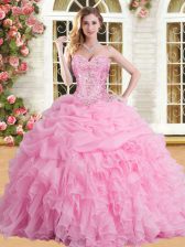  Rose Pink Tulle Lace Up Sweetheart Sleeveless Floor Length Quinceanera Dresses Appliques and Ruffles and Pick Ups