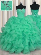 Stylish Sleeveless Organza Floor Length Lace Up Ball Gown Prom Dress in Turquoise with Beading and Ruffles