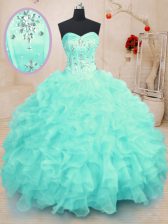Gorgeous Turquoise Sweetheart Neckline Beading and Ruffles Quince Ball Gowns Sleeveless Lace Up