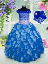  Off The Shoulder Short Sleeves Organza Little Girl Pageant Gowns Beading and Sashes ribbons and Sequins Lace Up
