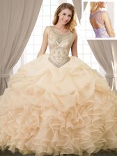 Customized Scoop Champagne Organza Lace Up Sweet 16 Dresses Sleeveless Floor Length Beading and Ruffles and Pick Ups