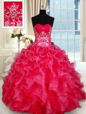 Spectacular Red Sleeveless Floor Length Beading and Ruffles Lace Up Quinceanera Gown